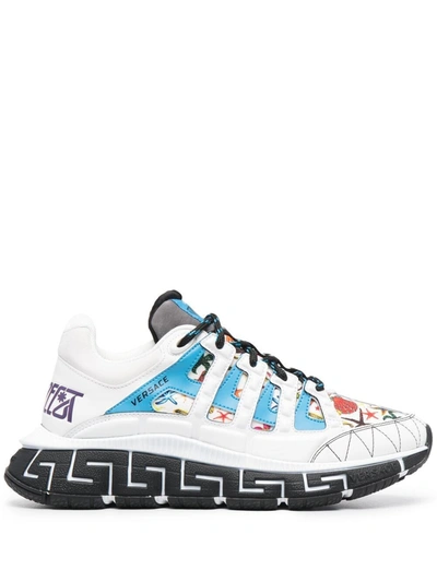 Versace Trigreca Leather-trimmed Printed Stretch-knit Trainers In White