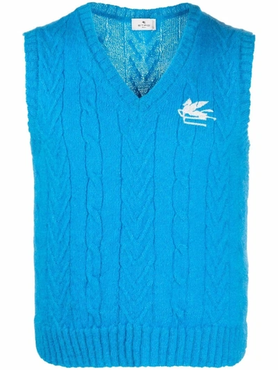 Etro Embroidered-logo Knit Waistcoat In Blue
