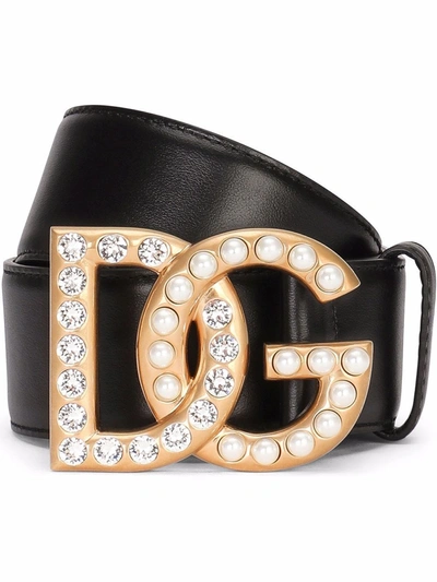 Dolce & Gabbana Calfskin Belt With Dg Logo With Rhinestones And Pearls In Black