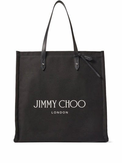 Jimmy Choo Shopping Bag In Natural Canvas With Leather Handles In Black