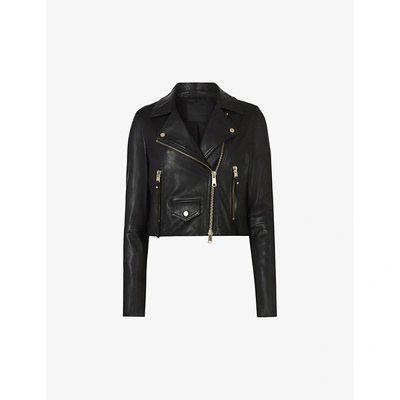 Allsaints Womens Black Elora Cropped Leather Biker Jacket 10 In Black