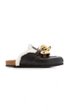 Jw Anderson Embellished Leather And Shearling Slippers In Black