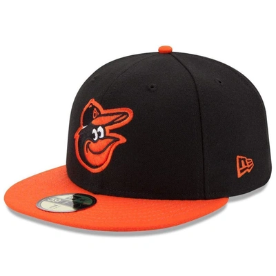 NEW ERA NEW ERA BLACK/ORANGE BALTIMORE ORIOLES ROAD AUTHENTIC COLLECTION ON-FIELD 59FIFTY FITTED HAT,70360920