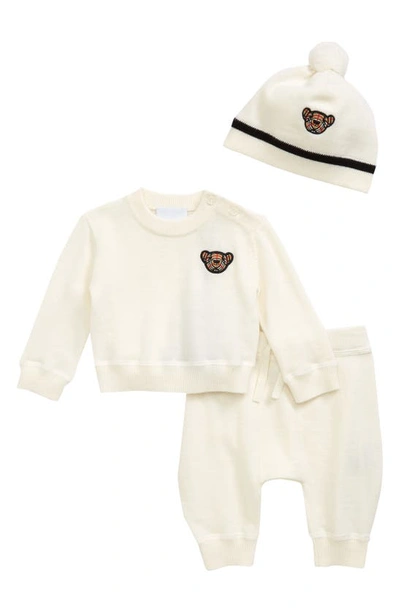 Burberry Kids' Thomas Bear Appliqué Merino Wool Sweater, Joggers & Hat Set In Ivory
