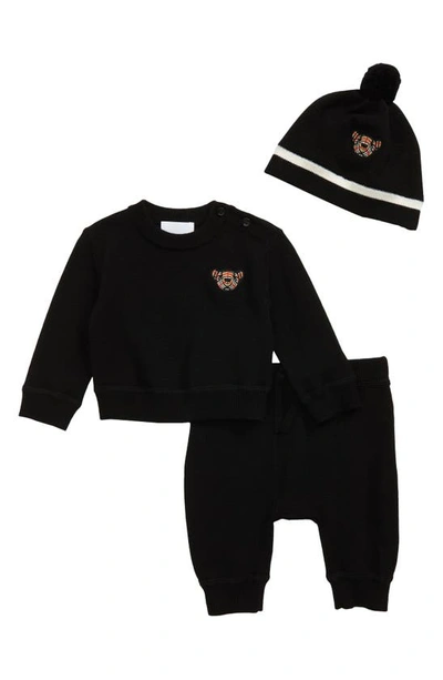 Burberry Kids' Thomas Bear Appliqué Wool Sweater, Joggers & Hat Set In Black