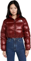 The North Face Red Cropped Nylon Down Jacket With Logo Print In Brick House Red