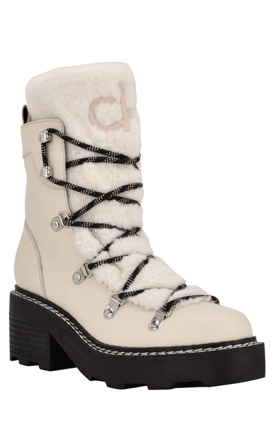 Calvin Klein Women's Alaina Heeled Lace Up Cozy Lug Sole Winter Cold Weather Boots In Chic Cream Leather