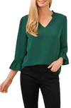 Cece Ruffle Cuff Crepe Top In Alpine Green