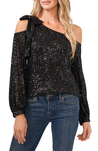 Cece One-shoulder Sequin Top In Rich Black