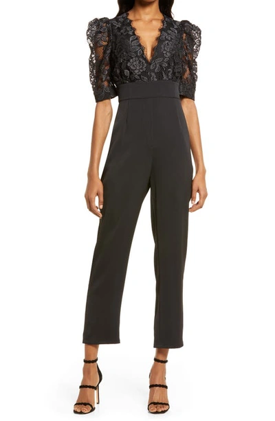 Adelyn Rae Hera Puff Shoulder Metallic Lace Jumpsuit In Black