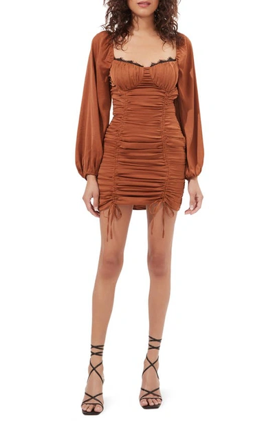 Astr Mardi Long Sleeve Ruched Dress In Brown
