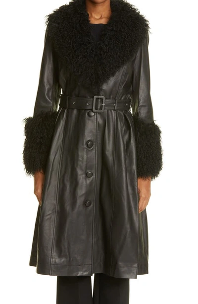 Saks Potts Foxy Genuine Shearling Trim Leather Coat In Black