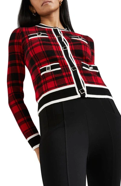 River Island Logo Tartan Neat Cardigan In Dark Red ModeSens