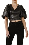 Endless Rose Puff Sleeve Faux Leather Top In Black