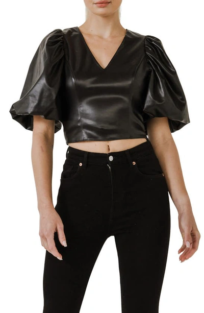 Endless Rose Puff Sleeve Faux Leather Top In Black