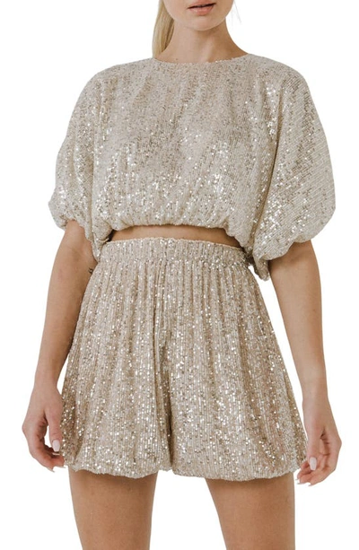 Endless Rose Sequins Cropped Puff Top In Ivory