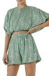 Endless Rose Sequins Cropped Puff Top In Green
