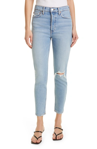 Re/done Originals High Waist Crop Jeans In Worn Blue Destroy