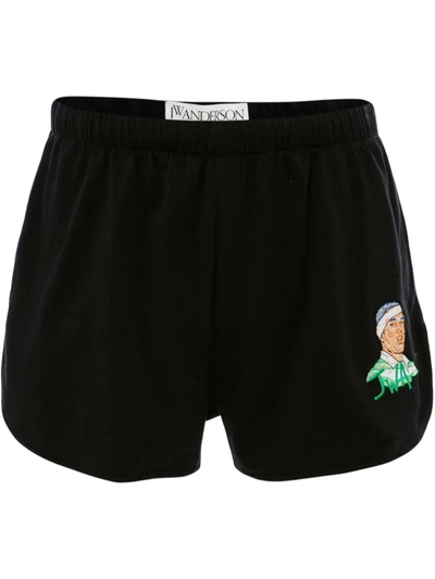 Jw Anderson Cotton Shorts With Rugby Face Embroidery In Black