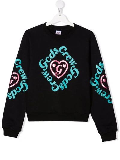 Gcds Teen Slogan-print Cotton Sweatshirt In Black
