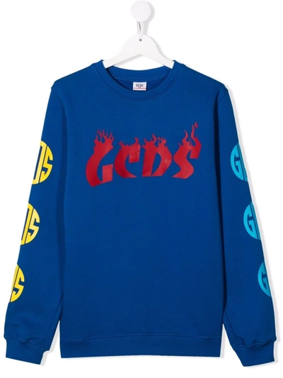 Gcds Teen Logo-print Cotton Sweatshirt In Blue