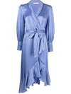 Zimmermann Asymmetric Ruffled Silk-satin Midi Wrap Dress In Blue