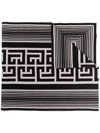 Balmain Wool Scarf With Monogram Pattern In Ivoire Noir