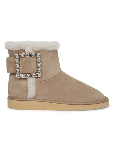 Roger Vivier Winter Viv Crystal-embellished Shearling-lined Suede Ankle Boots In Sand