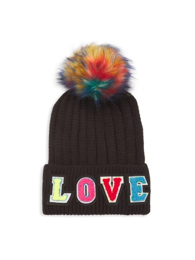 Jocelyn Love Knit Hat With Faux Fur Pom Pom In Black