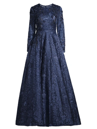 Mac Duggal Lace A-line Ball Gown In Navy