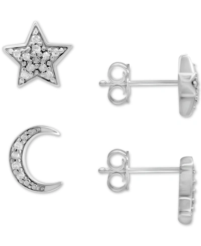 Macy's Diamond Moon & Star Stud Earrings (1/10 Ct. T.w.) In Sterling Silver