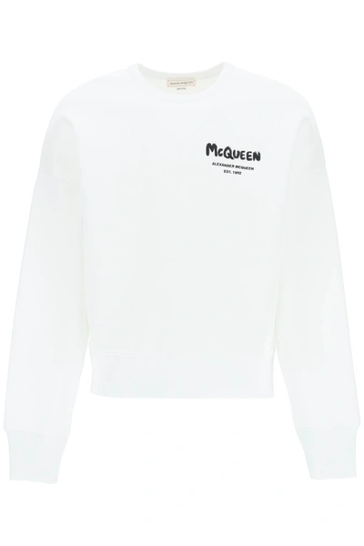Alexander Mcqueen Grafitti Logo Printed Crewneck Sweatshirt In White