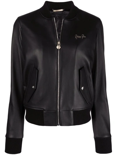 Philipp Plein Leather Bomber Jacket In Schwarz