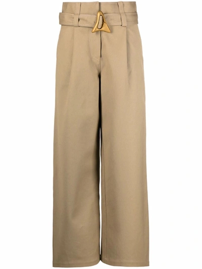 Aeron Flyn - Wide-leg Belted Twill Pants In Neutrals