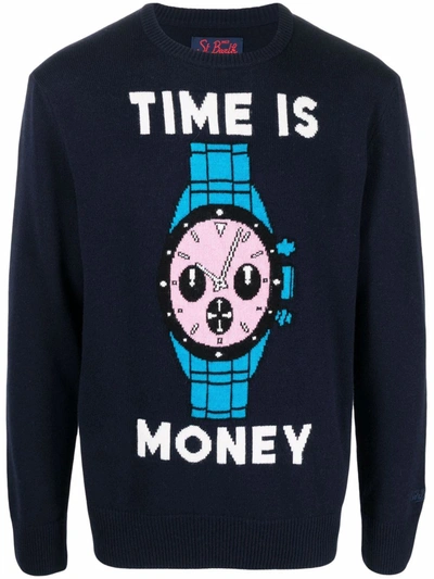 Mc2 Saint Barth Time Is Money Crew Neck Sweater In Blu