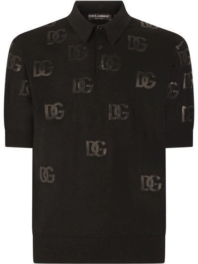 Dolce & Gabbana Short-sleeved Wool Jacquard Polo-shirt With Dg Detailing In Black