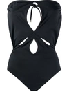Self-portrait Cut-out Halterneck Stretch-recycled Polyamide Swimsuit In Schwarz