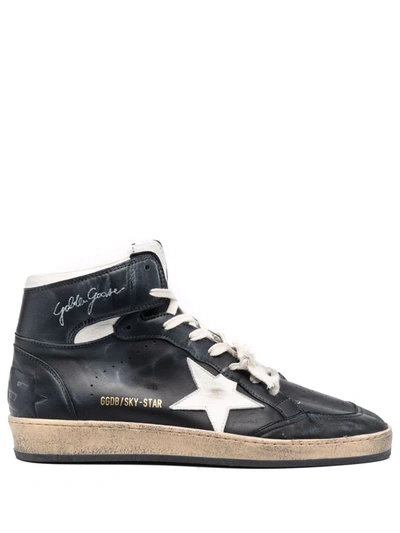 Golden Goose Sky Star Distressed Leather High-top Trainers In Nero
