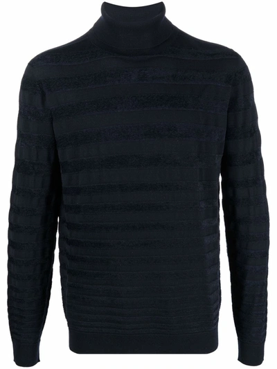 Giorgio Armani Tonal-stripe Roll-neck Jumper In Blau