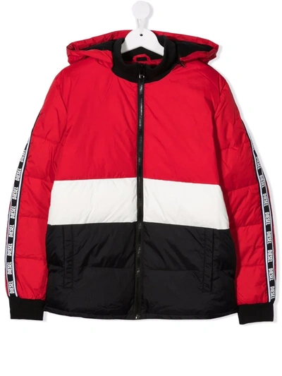 Diesel Kids' Jape Colour-block Padded Puffer Jacket In Red