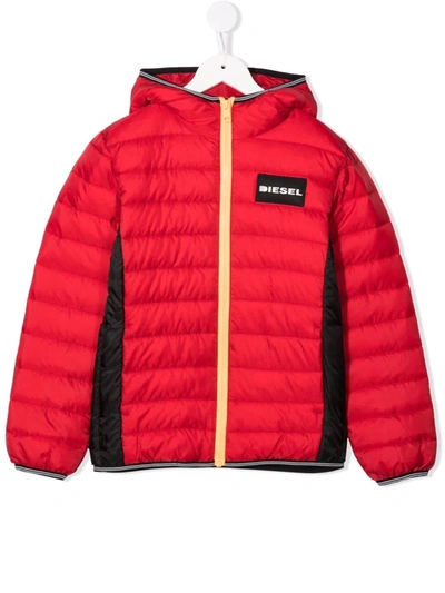 Diesel Kids' Jorny Logo-patch Hooded Puffer Jacket In Red