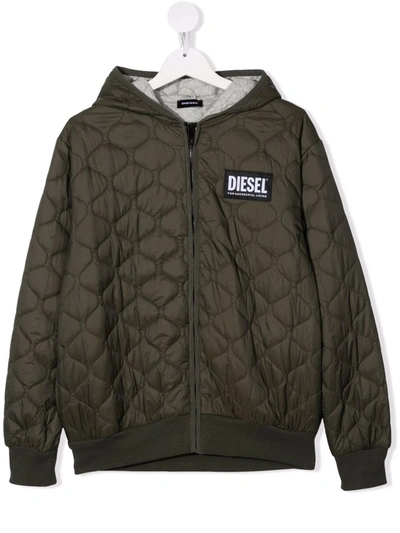 Diesel Teen Logo-patch Quilted Bomber Jacket In Green