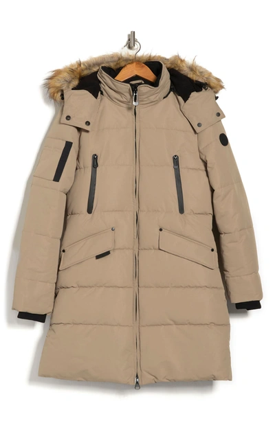 Noize Addie Quilted Faux Fur Trim Hooded Parka In Sand