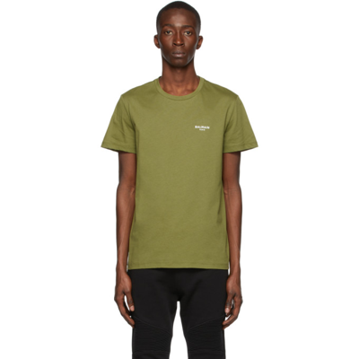 Balmain Khaki Eco Small Flocked Logo T-shirt In Green