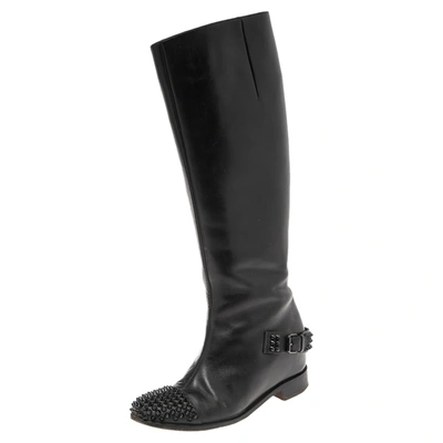 Pre-owned Christian Louboutin Black Leather Egoutina Spiked Cap Toe Knee Length Boots Size 36