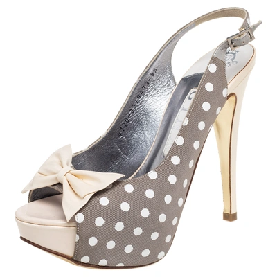 Pre-owned Gina Grey/cream Polka Canvas And Patent Leather Bow Open Toe Sandals Size 37.5
