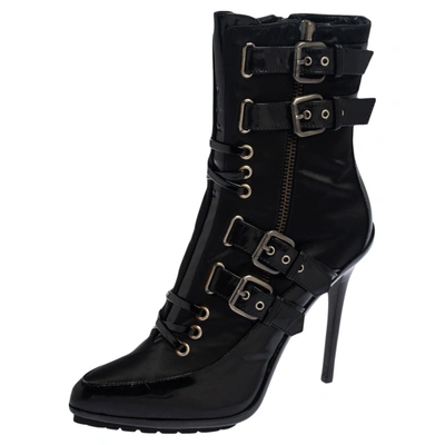 Pre-owned Le Silla Enio Silla For  Black Patent Leather And Nylon Platform Ankle Boots Size 39.5