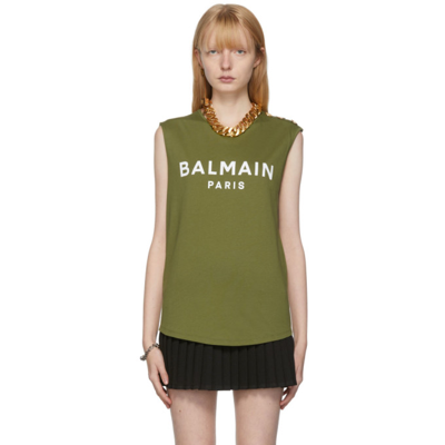 Balmain Woman Khaki Green Sleeveless T-shirt With White Flocked Logo