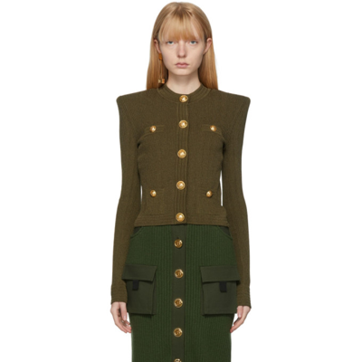 Balmain Cropped Ribbed-knit Cardigan In Army Green