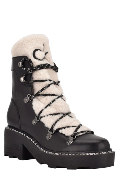 Calvin Klein Women's Alaina Heeled Lace Up Cozy Lug Sole Winter Cold Weather Boots In Black Leather